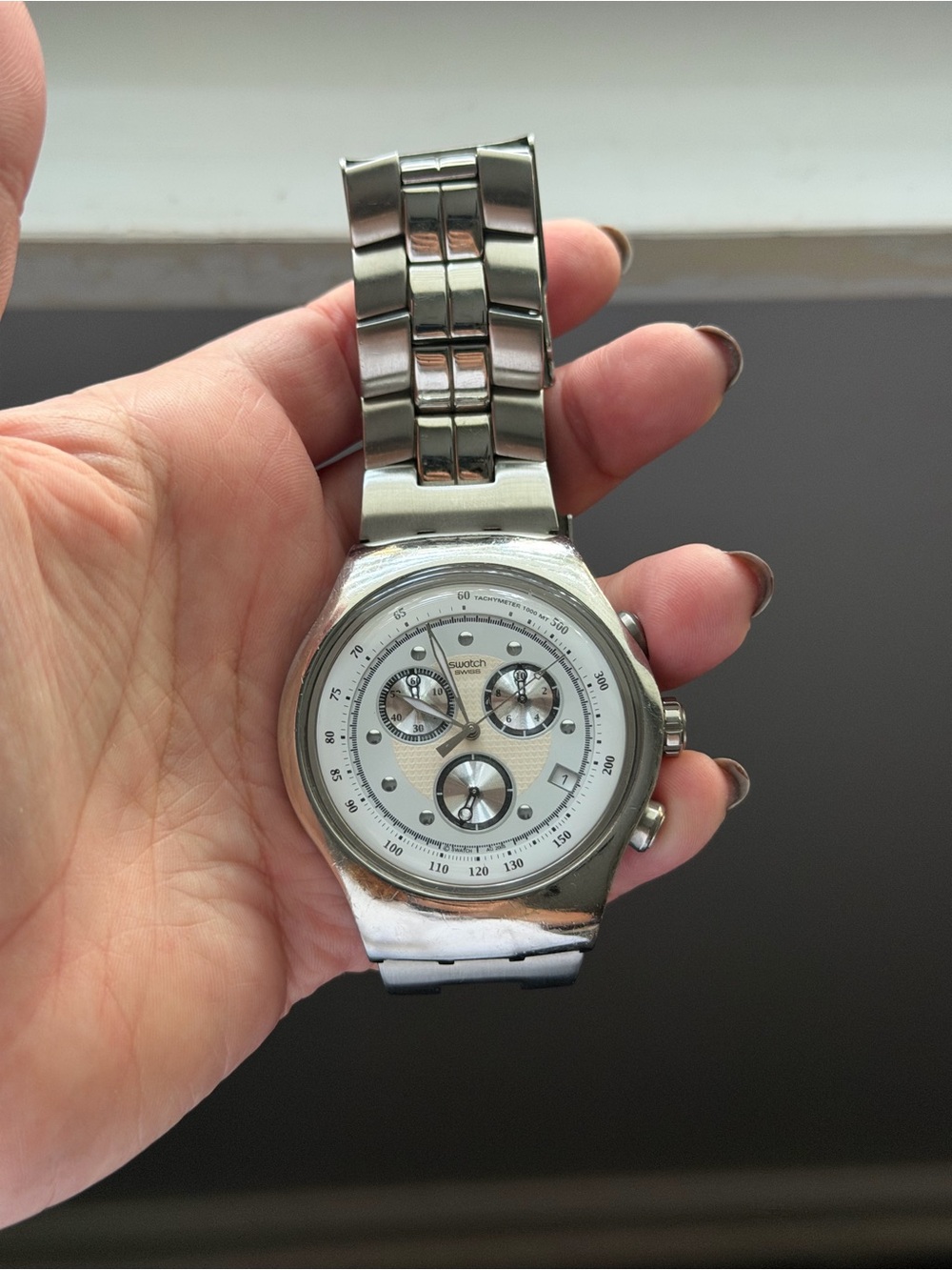 Swatch Irony Stainless Steel Silver Chronograph Watch